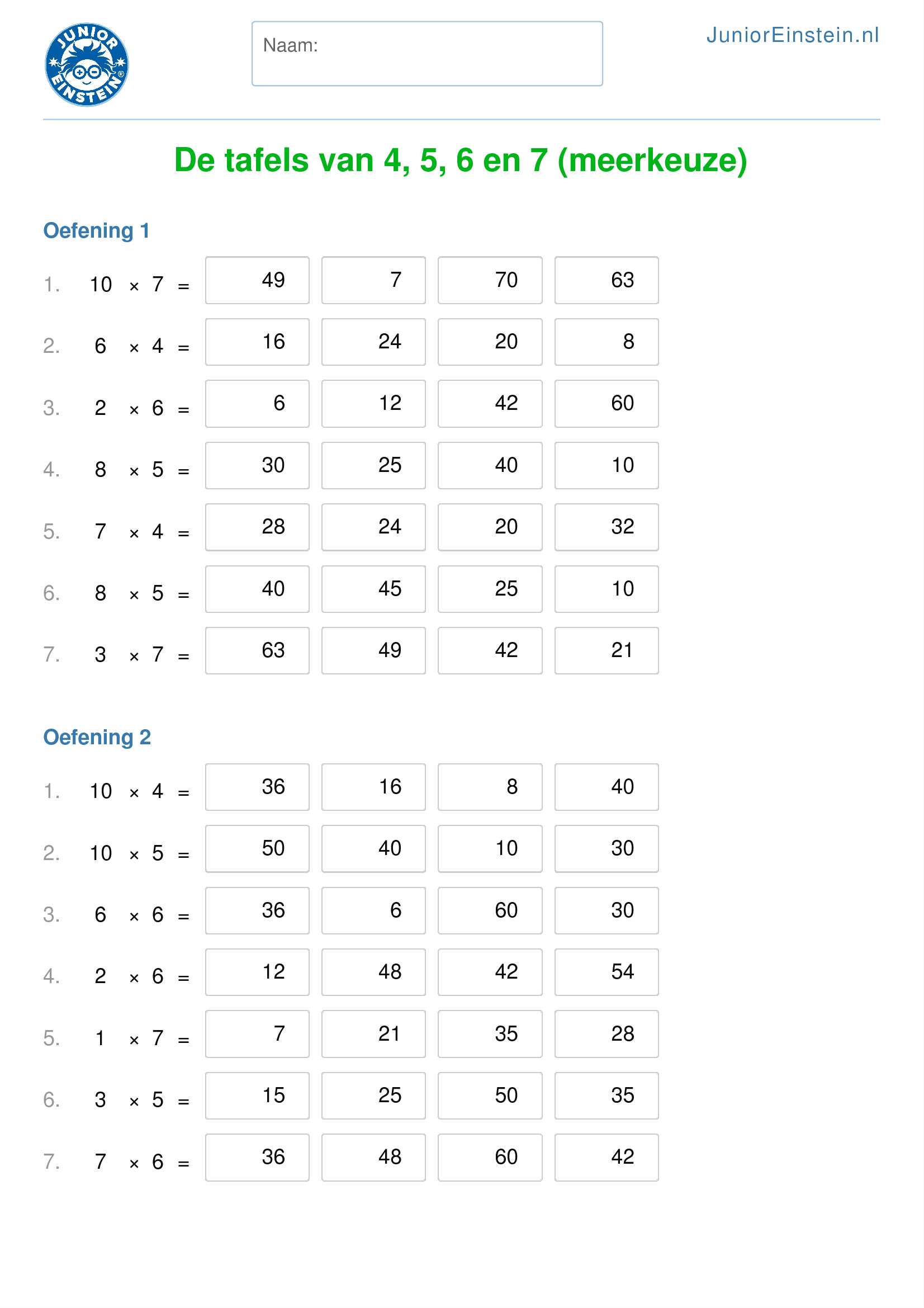 Werkblad: De tafels van 6, 7, 8 en 9 (meerkeuze)