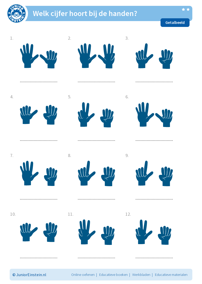 Oefenblad Welk cijfer hoort bij de handen? Oefenblad Welk cijfer hoort bij de handen?